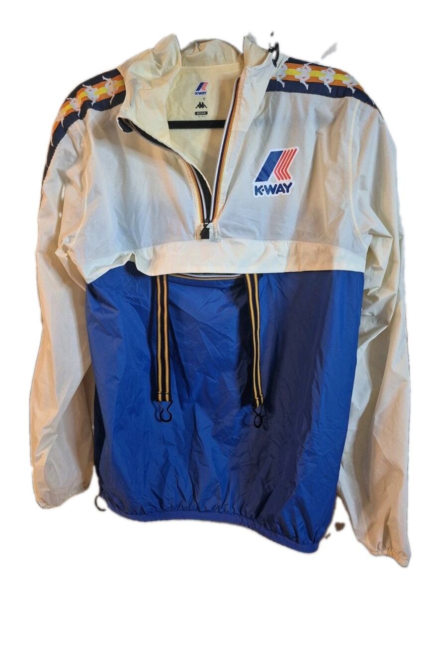 Kappa KWAY Blue White Windbreaker Jacket Medium Hoodie Italy Le Vrai Leon Banda
